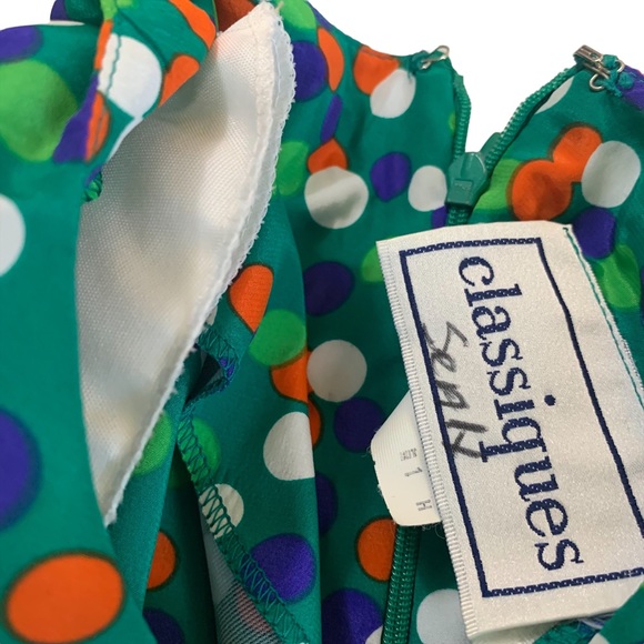VINTAGE CLASSIQUE  GREEN TWO PIECE COLORFUL POLKA-DOTED DRESS - Picture 9 of 16
